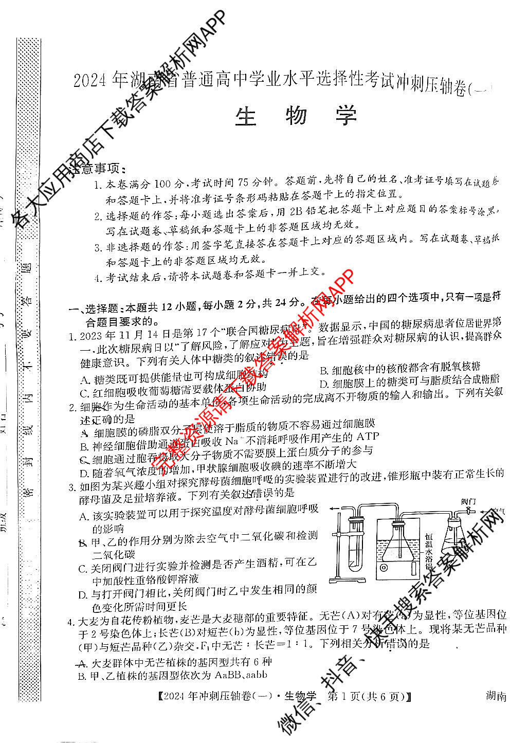 2024年湖南省普通高中学业水平选择性考试冲刺压轴卷(一)生物(湖南)试题