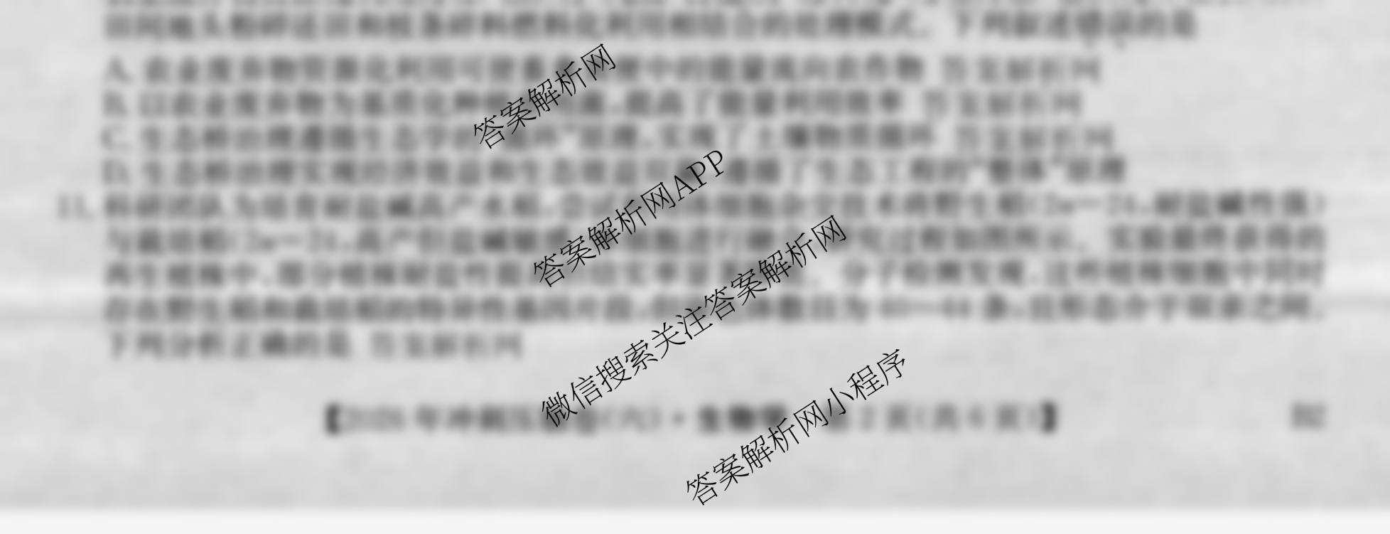 2026年全国高考冲刺压轴卷(六)6试卷及答案汇总（含地理(湖南) 政治(河南) 生物(湖北)等）生物试题