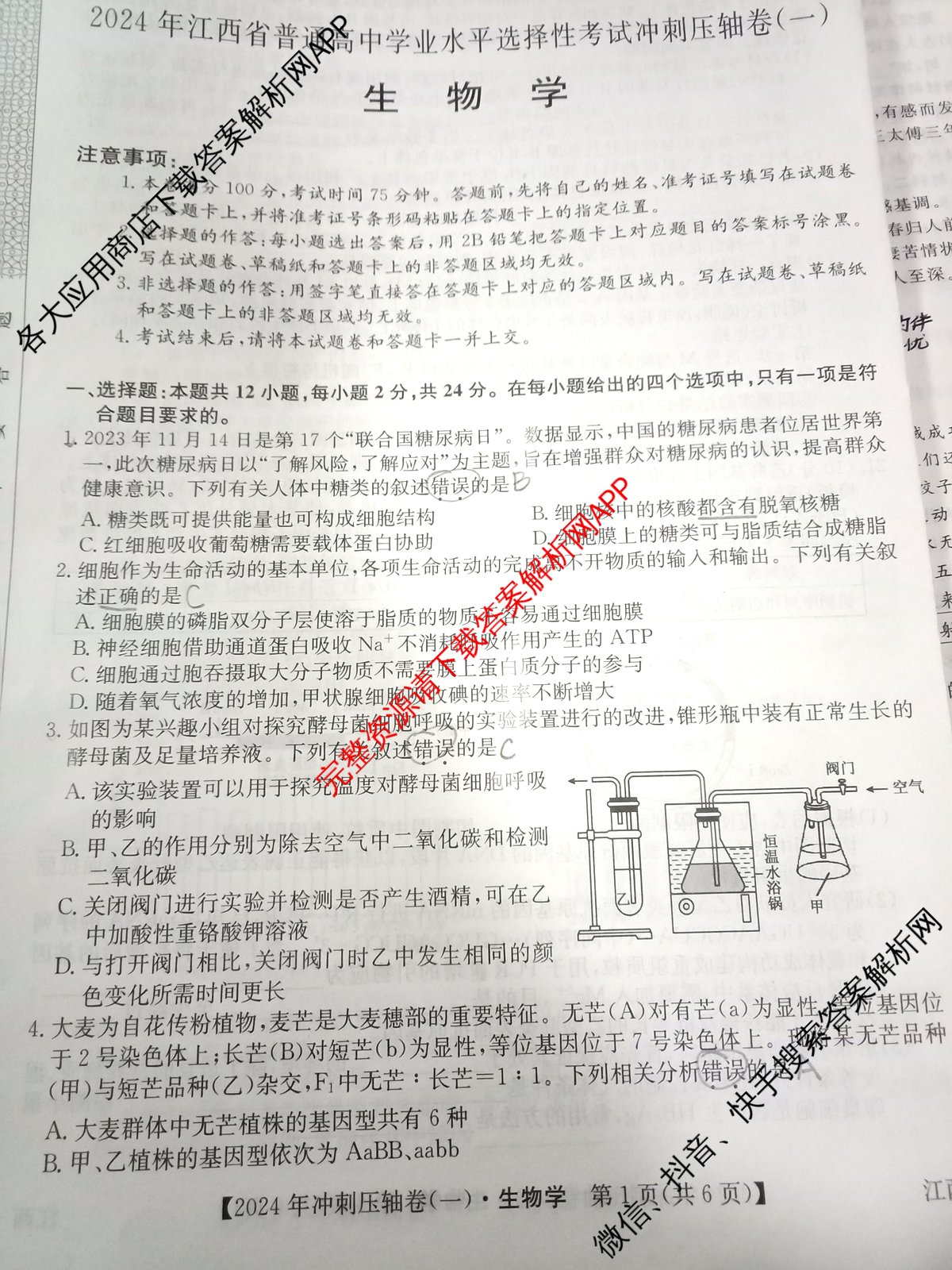 2024年江西省普通高中学业水平选择性考试冲刺压轴卷(一)生物(江西)试题