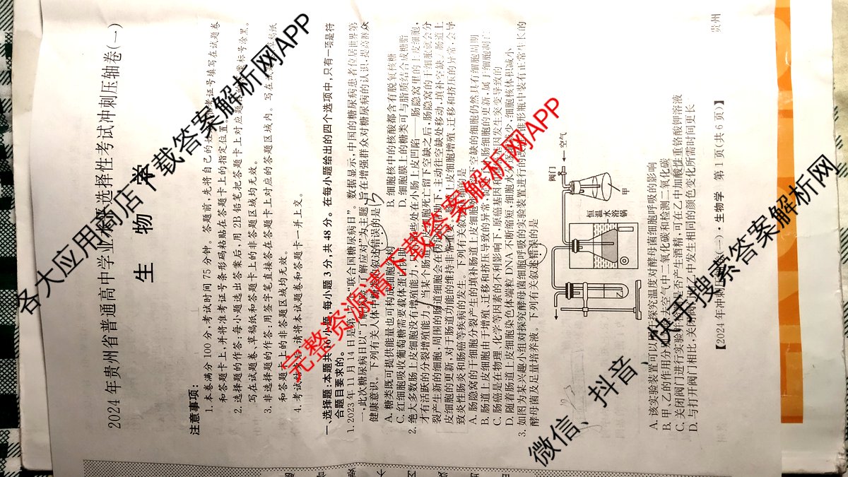 2024年贵州省普通高中学业水平选择性考试冲刺压轴卷(一)1生物(贵州)试题