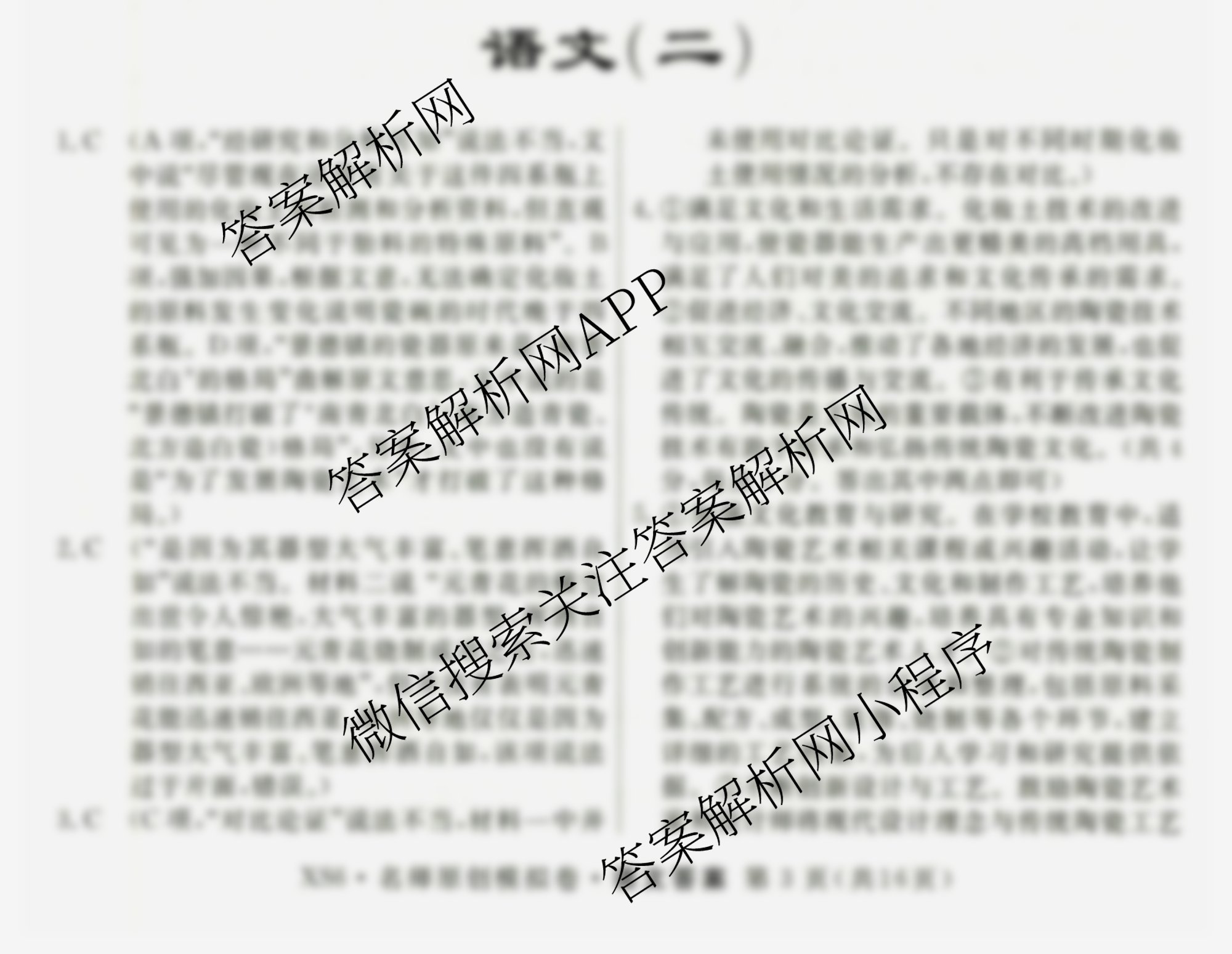2026届高三总复习名师原创模拟(二)2各科答案及试卷（含政治(XS6) 生物(GDX6) 物理(CQX6)等39份）语文答案