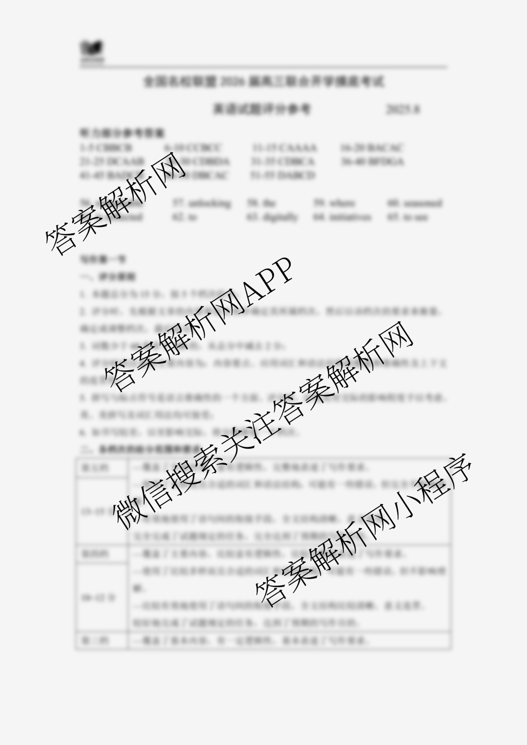 全国名校联盟2026届高三联合开学模底考试2025.8（含数学 政治 历史等10份）英语答案