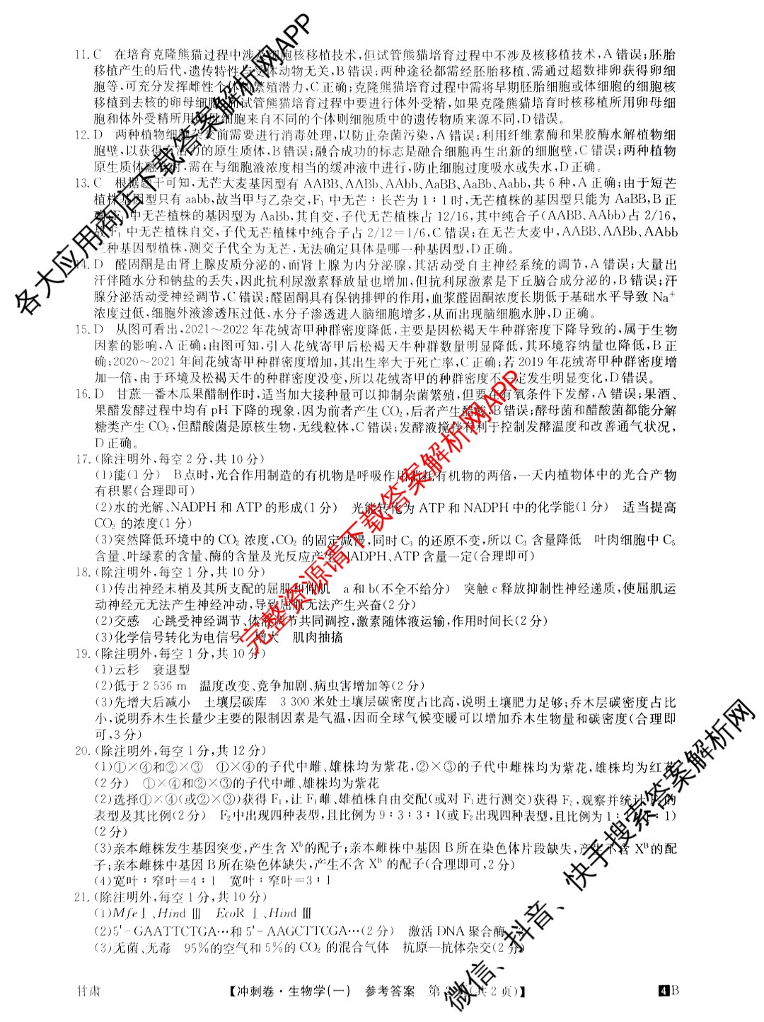2024年甘肃省普通高中学业水平选择性考试冲刺压轴卷(一)1生物(甘肃)答案