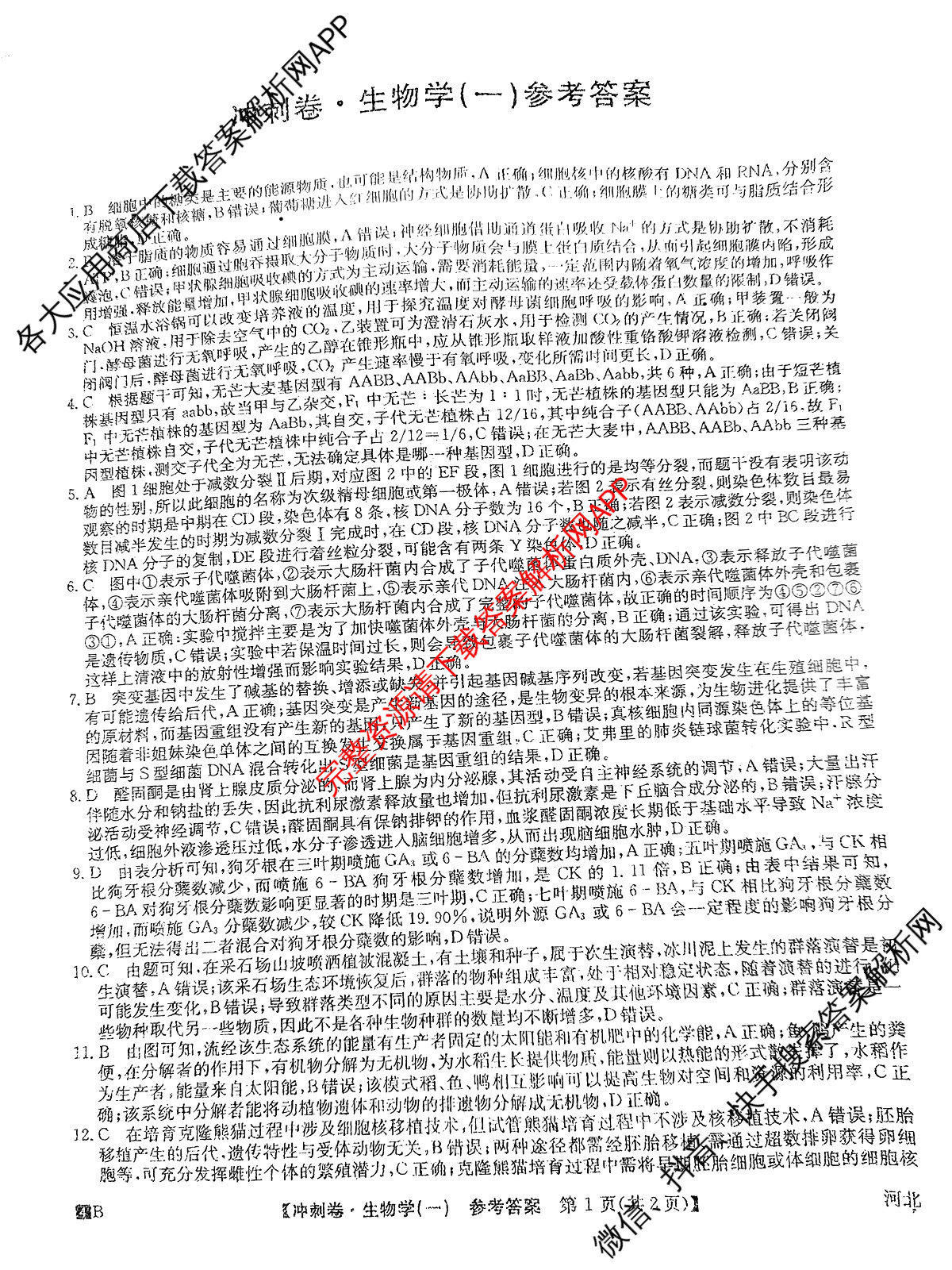 2024年河北省普通高中学业水平选择性考试冲刺压轴卷(一)1生物(河北)答案