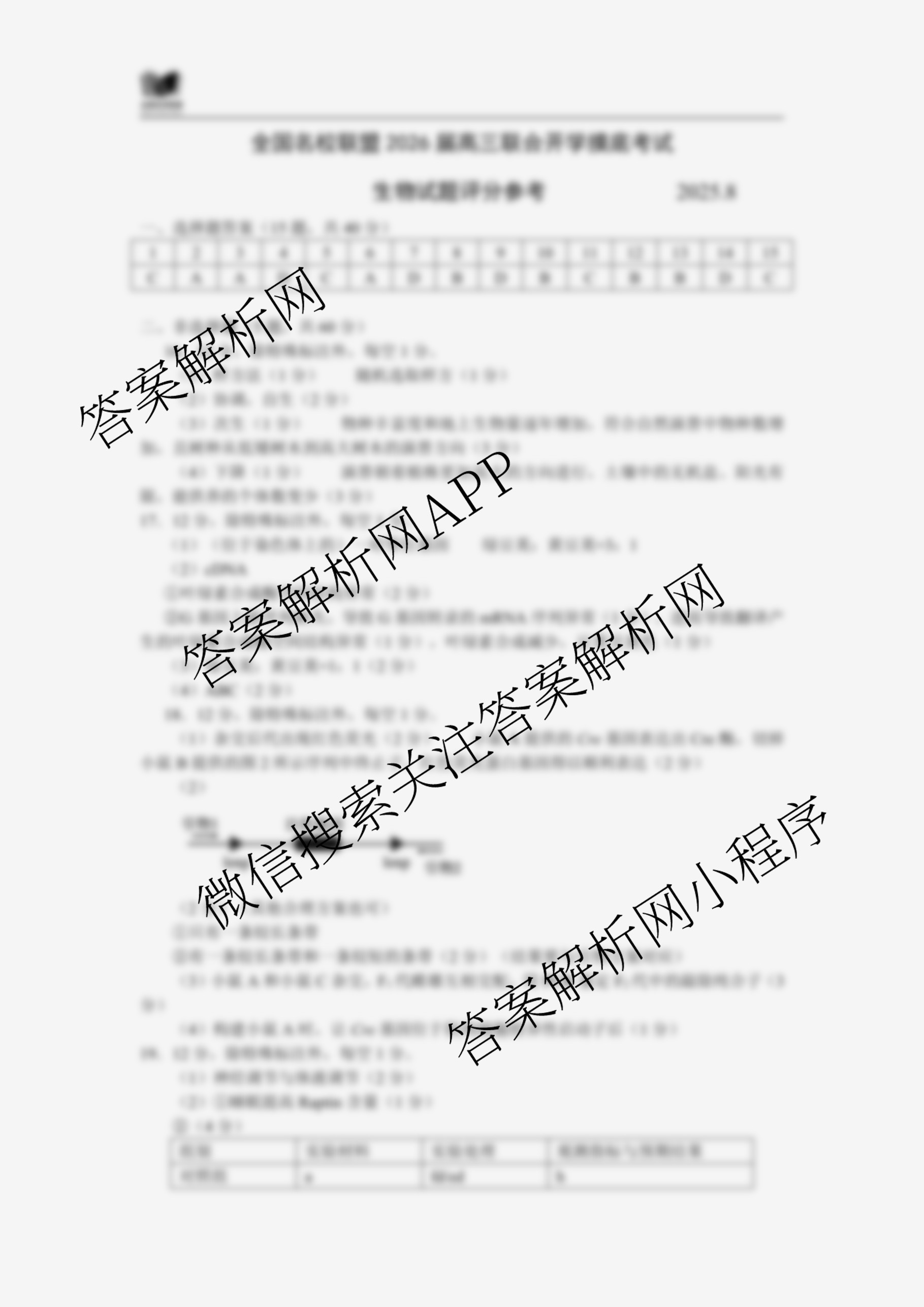 全国名校联盟2026届高三联合开学模底考试2025.8（含数学 政治 历史等10份）生物答案
