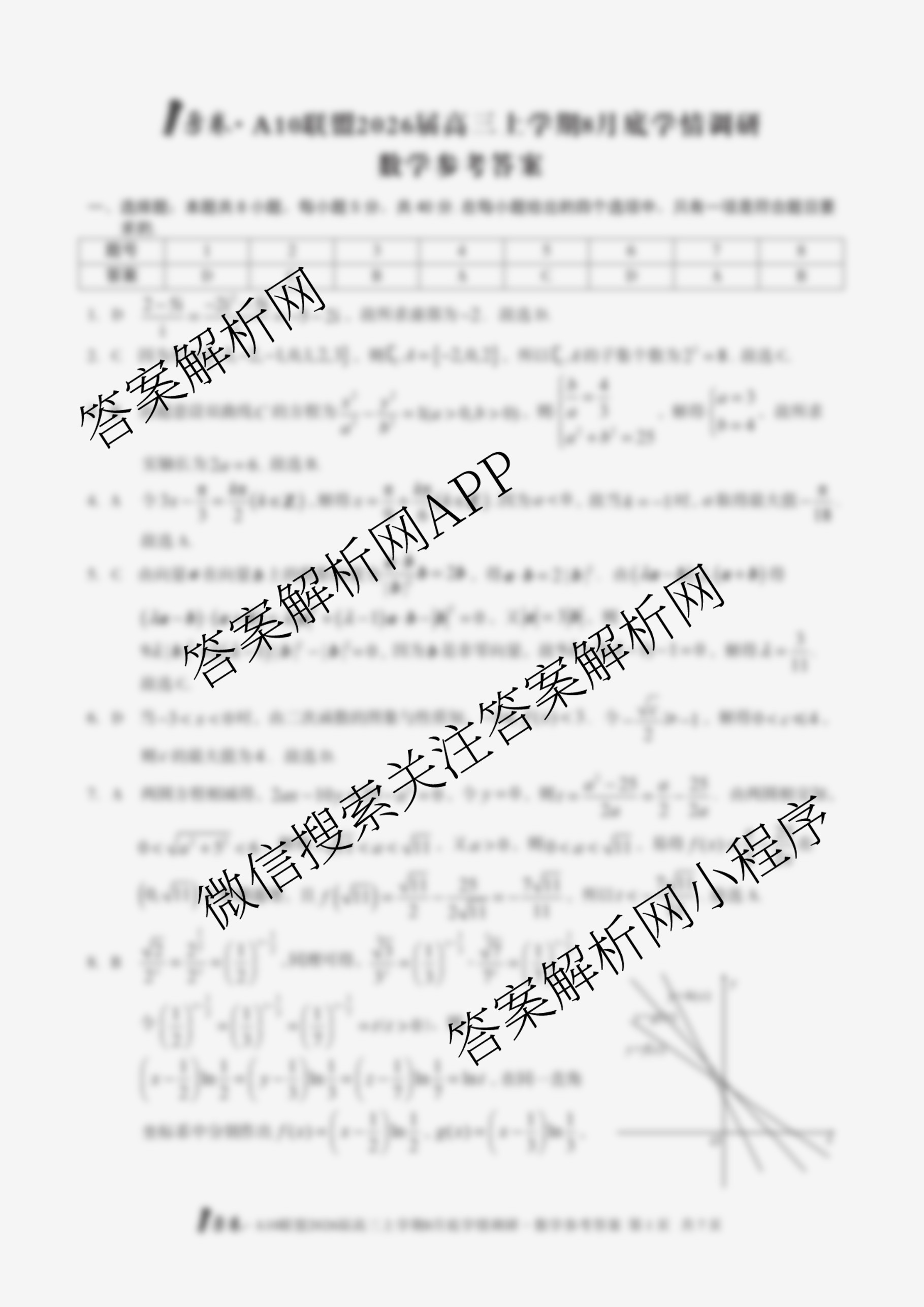 1号卷A10联盟2026届高三上学期8月底学情调研考各科答案及试卷（13科全）数学答案