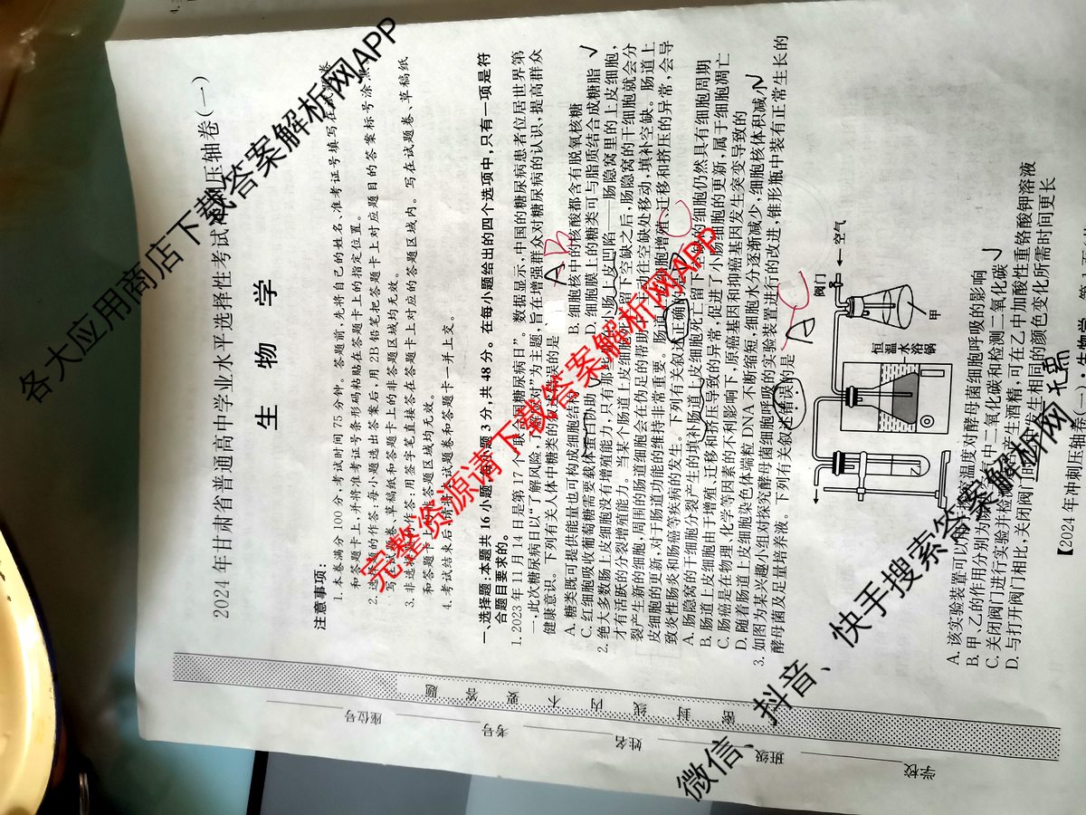 2024年甘肃省普通高中学业水平选择性考试冲刺压轴卷(一)1生物(甘肃)试题